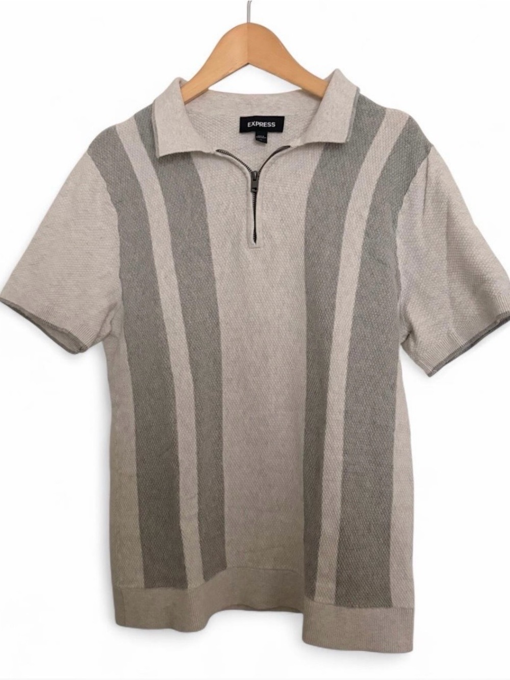 Express Taupe and Beige Vertical Stripe Zip Polo